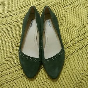 Olive Green Suede slip ons, Gold rivet detail, 10M
